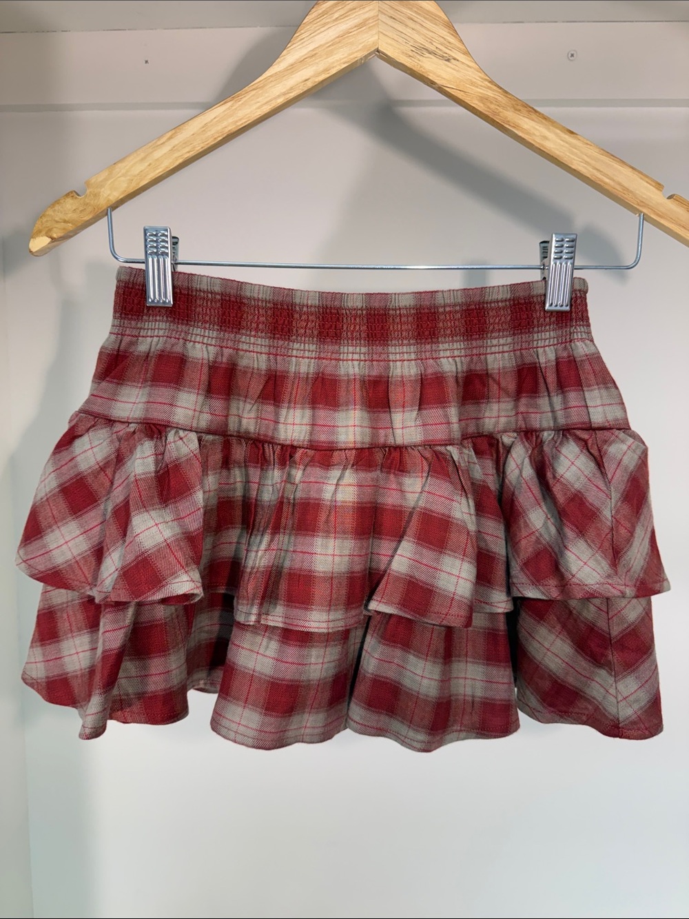 Aritzia Red and Cream Plaid Ruffle Mini Skirt